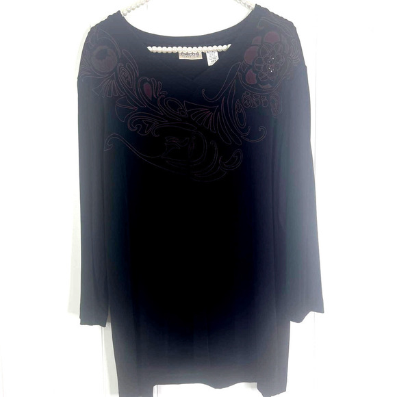 Chico's Traveler Black Tunic 3/4 Sleeve V Neck with Plum Floral Design SZ 3/XL - Picture 2 of 8